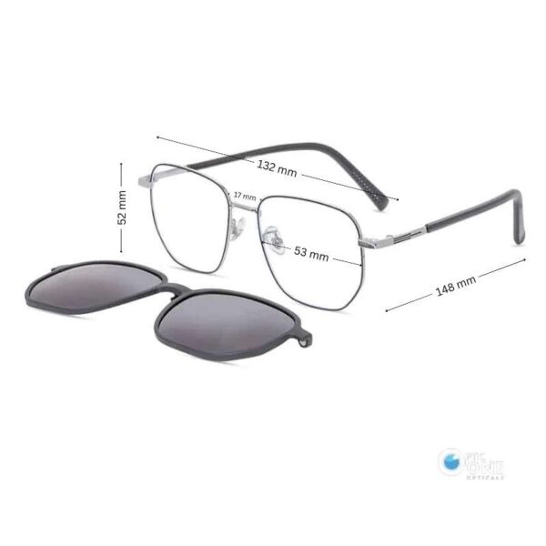 Stylish Square Metal Frame with Clip-On Sunglasses | Silver Frame, Black Polarized Clip - Image 2