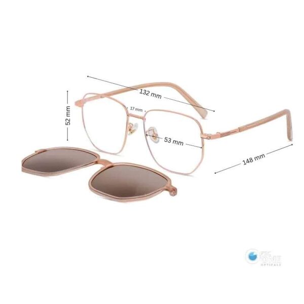 Stylish Square Metal Frame with Clip-On Sunglasses  | Rose Gold Frame, Brown Polarized Clip - Image 2