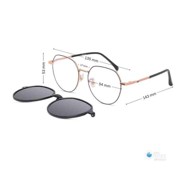 Unisex Large Round Metal Frame  with Clip-On Sunglasses  | Rose Gold- Black Frame, Black Polarized Clip - Image 2