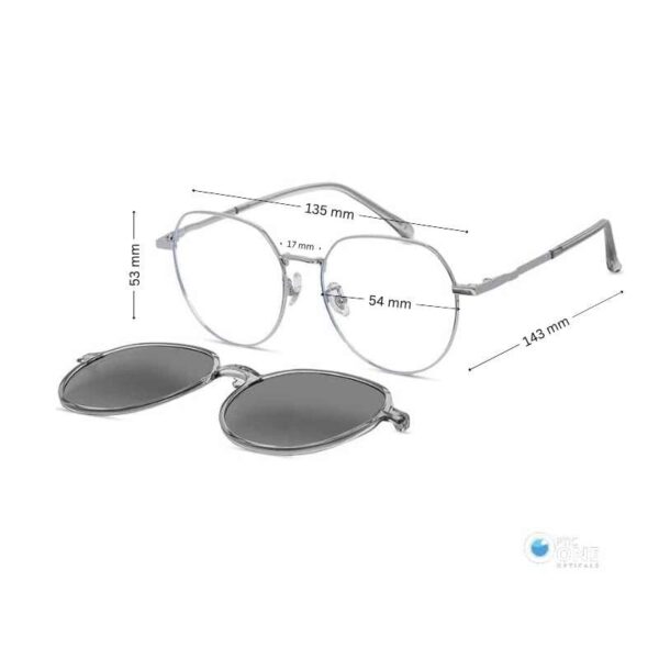 Unisex Large Round Metal Frame  with Clip-On Sunglasses  | Silver Frame, Gradient Gray Polarized Clip - Image 2