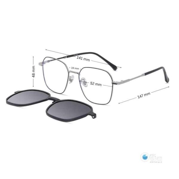 Stylish Square Metal Frame with Clip-On Sunglasses | Black/Silver Frame, Grey Polarized Clip - Image 2