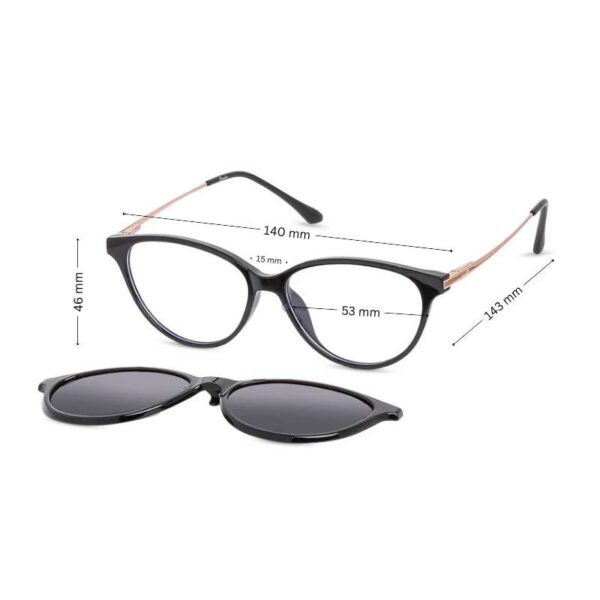 Black Cat-Eye Glasses with Rose Gold Temples and Detachable Clip-On Sun Lens - Image 3