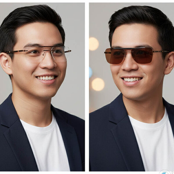 Rimless Aviator-Inspired Rectangular Metal Clip-On Glasses with Brown Flip-Up Sunglass Lens - Image 2