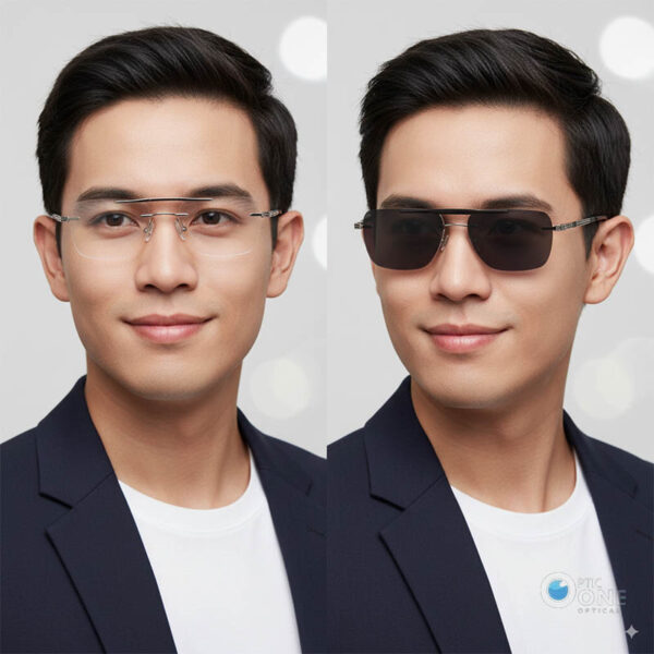 Aviator-Inspired Rectangular Rimless Clip-On Glasses with Flip-Up Sunglass Lens - Image 2
