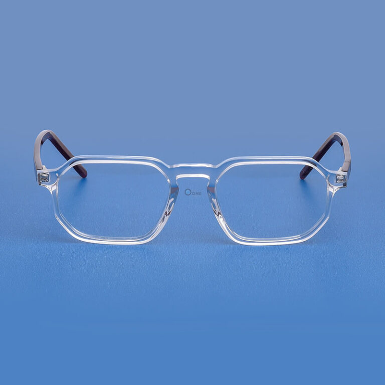 Unisex Rectangular Clear Eyeglasses with Hexagon Cuts And Brown Arms ...
