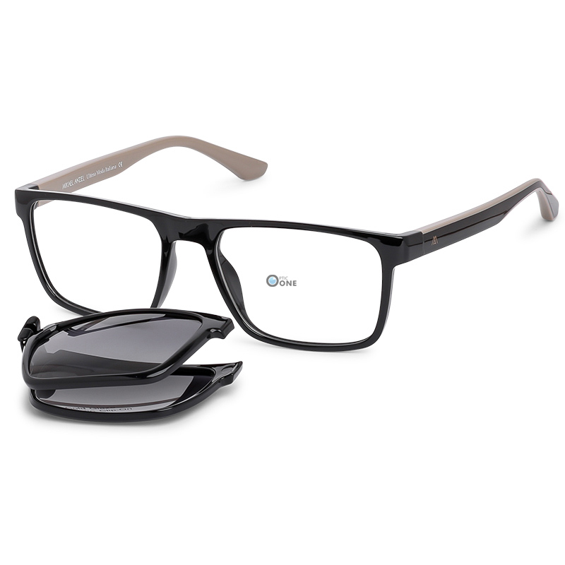 Men's Clip-On Eyeglasses Shiny Black Folding Polarized Gradient Gray Clip