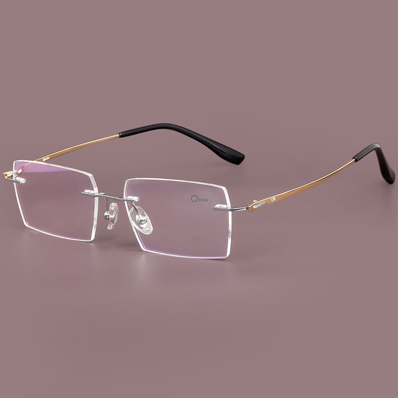 Men's Rimless Rectangular Eyeglasses – Lightweight Executive Frame with Silver Bridge , Gold Arms