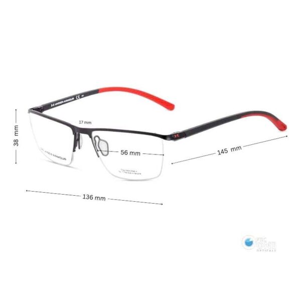 Under Armour Men's Half-Rim Eyeglasses | Matte Black with Black/Red Temple Tips - Image 2