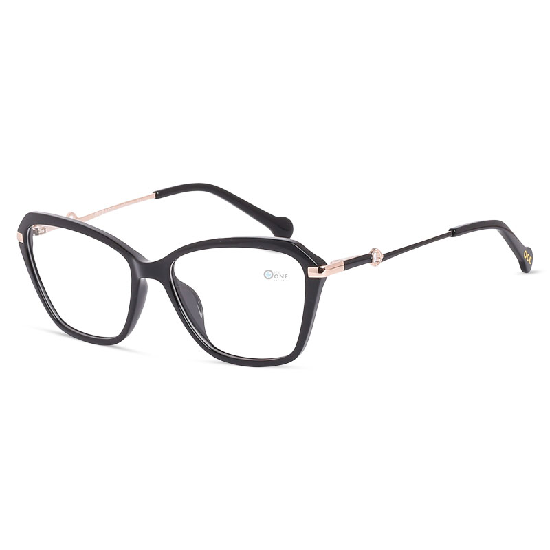 Glossy Black Butterfly Eyeglasses for Women – Medium Acetate Frame with Gold Temples