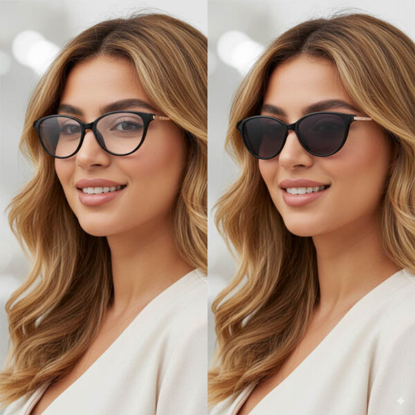 Black Cat-Eye Glasses with Rose Gold Temples and Detachable Clip-On Sun Lens - Image 2