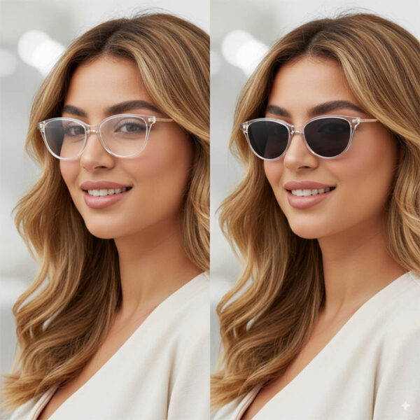 Clear Cat-Eye Glasses with Rose Gold Temples and Detachable Clip-On Sun Lens, 53mm Medium Size - Image 2