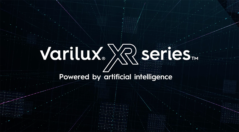 Varilux XR lens with AI behavioral technology visualization and Silmo d'Or award badge