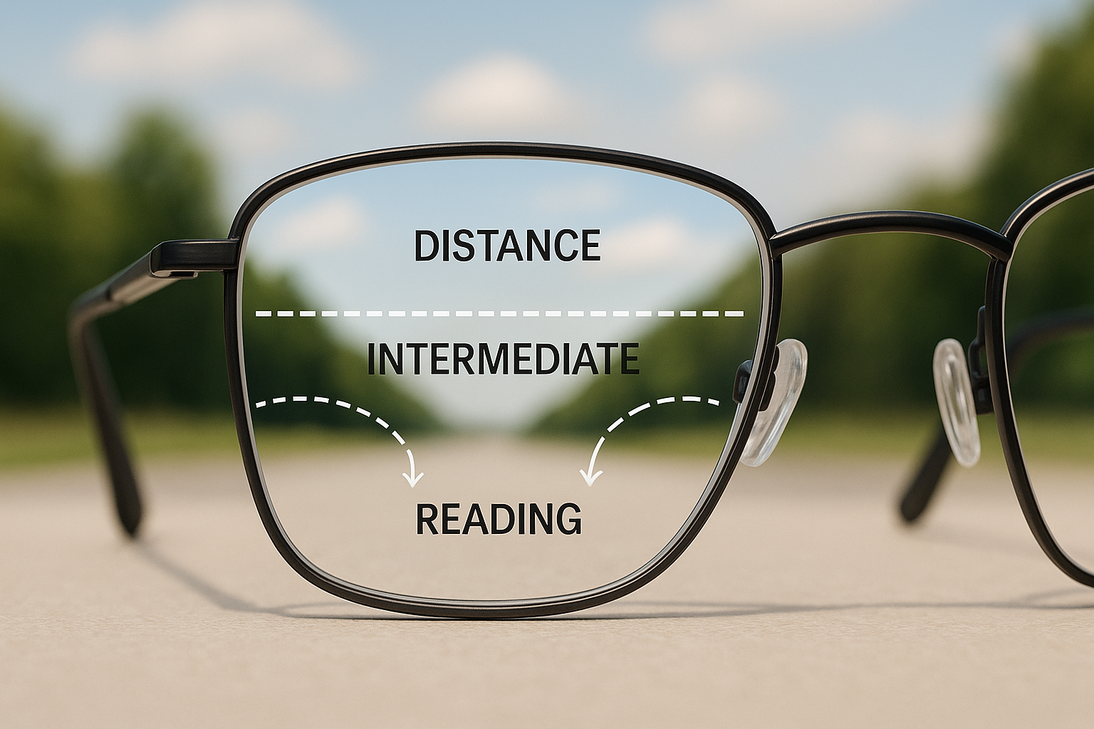 Progressive lens diagram showing distance, intermediate, and near vision zones