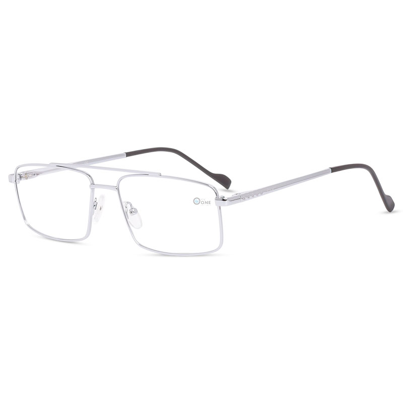 Men’s Large Silver Narrow Rectangular Metal Eyeglasses with Double-Bridge , 56mm Wide Fit