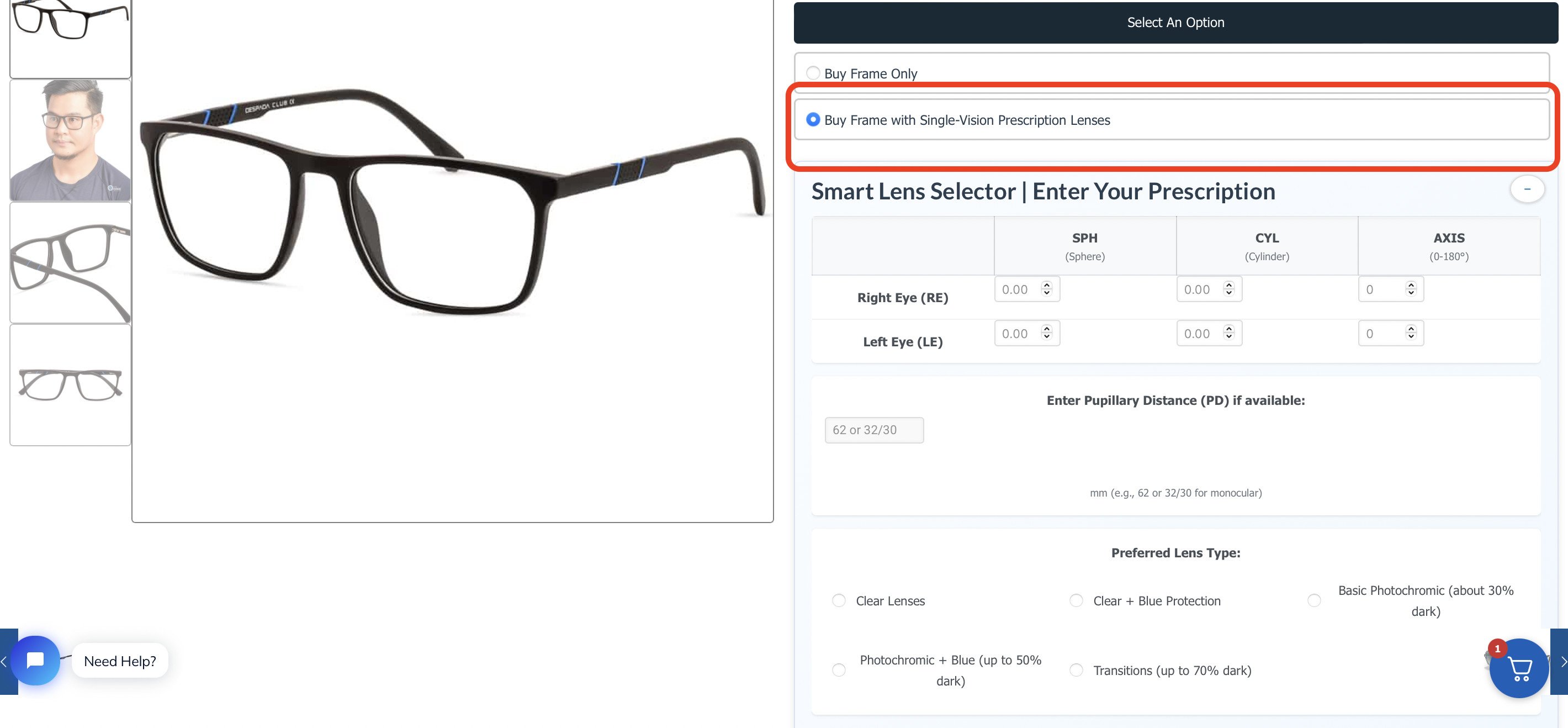 frame+lens purchase button Screenshot