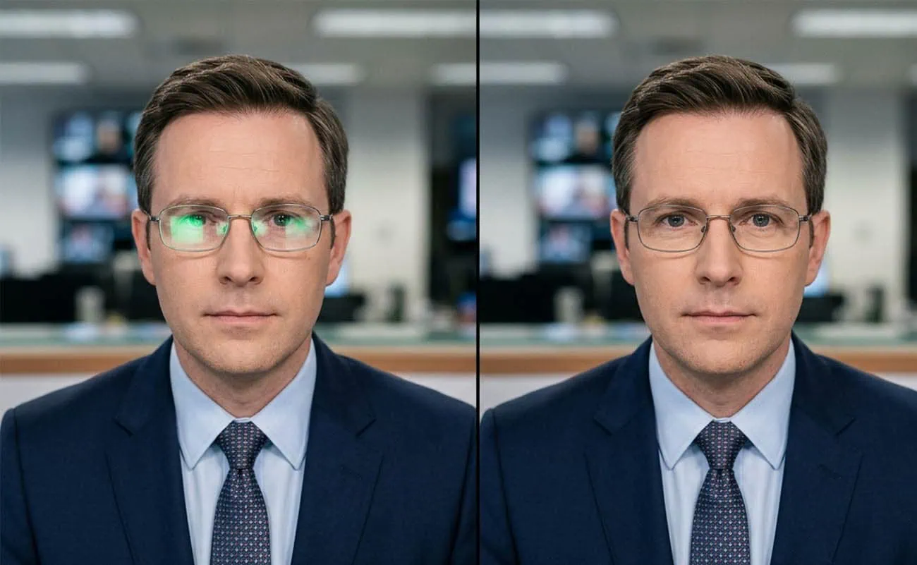 Comparison showing a standard coated lens with visible surface reflections next to a Tokai NRC coated lens with almost none.