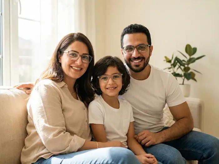 Family wearing prescription glasses from Optic One Abu Dhabi