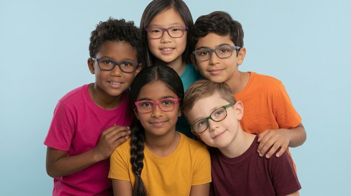 Children wearing colourful kids eyeglasses from Optic One