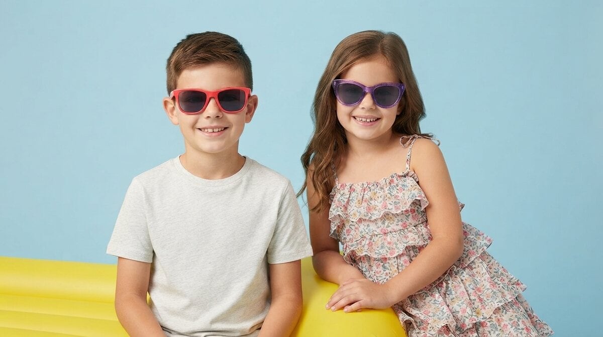 Boy and girl wearing kids sunglasses from Optic One